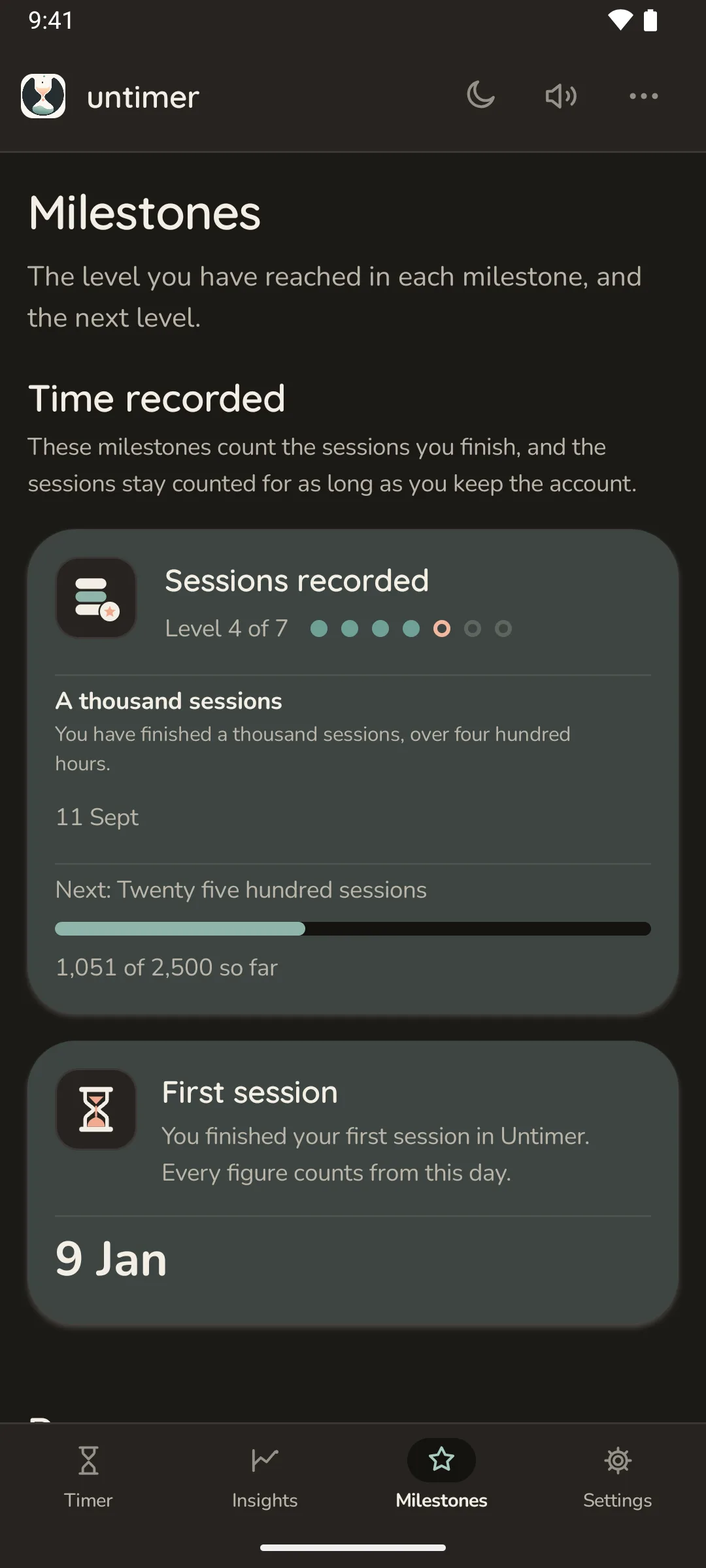 Milestones on Android, in the warm dark theme: the Time recorded group, with Sessions recorded at level 4 of 7, 1,000 sessions reached on 11 September and 1,051 of 2,500 toward the next level, and First session, on 9 January, each with its emblem.