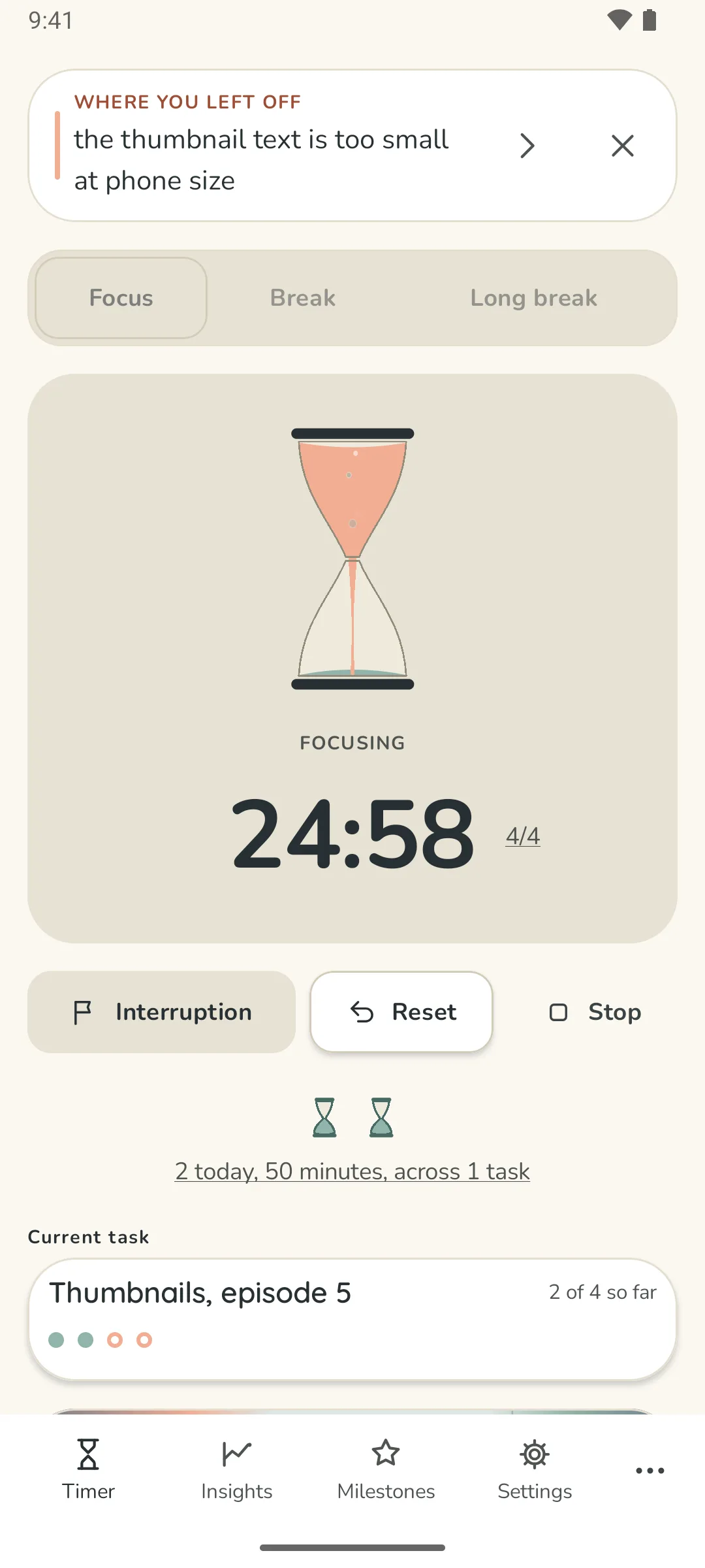 Untimer for Android with a session running, in paper light: the message box at the top, the hourglass pouring peach into sage with Focusing under it, 24:58 with the set figure, the Interruption, Reset and Stop controls, today's two sessions and the current task.