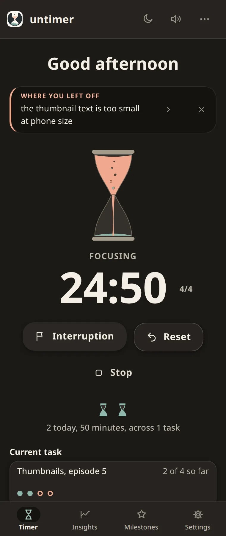 The same wide screen in the warm dark theme, with the document and the timer both dark.
