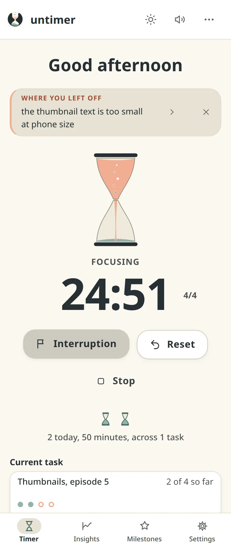A wide screen in paper light: a document window with a draft in it takes most of the width, and Untimer is in a narrow window at the right edge with a session running, the hourglass pouring, 24:51, the controls, today's two sessions, the current task and the day strip along the bottom.